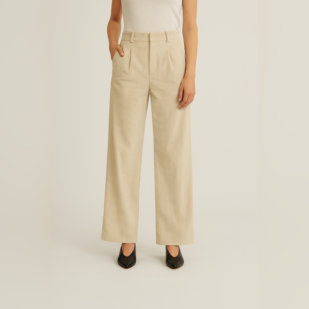 Natalie Busby Cream Wide Leg Corduroy Pants High Rise Pleated Trousers 4